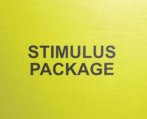 Yellow box reading "stimulus package"