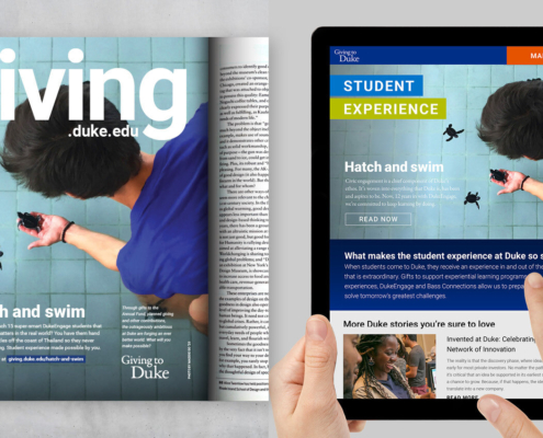 Magazine and tablet showing Giving to Duke advertising with a man holding a turtle
