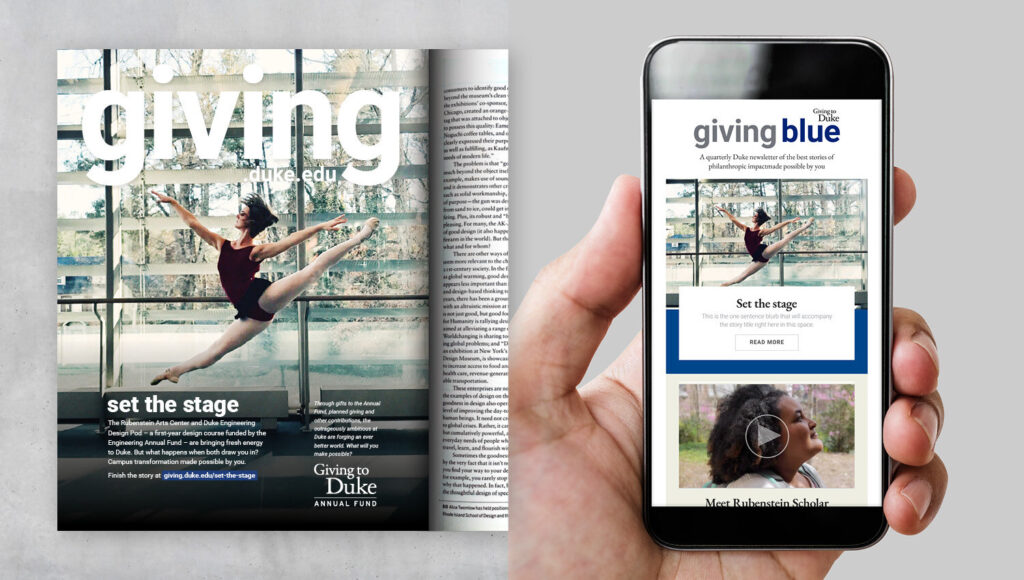 Magazine and tablet showing Giving to Duke advertising showing a dancer